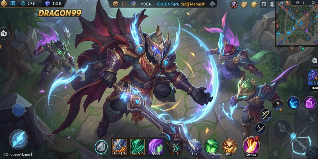 Screenshot gameplay DRAGON99 yang menunjukkan aksi seru di arena MOBA.