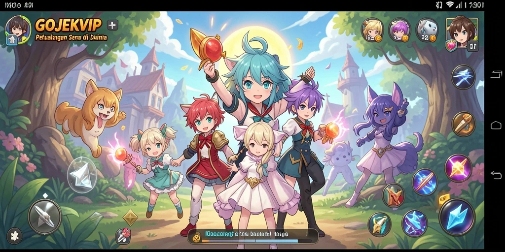 Tangkapan layar gameplay GOJEKVIP yang menampilkan aksi karakter anime yang dinamis.
