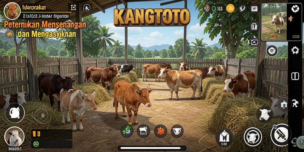 Screenshot gameplay KANGTOTO menunjukkan ladang yang hijau dan hewan lucu.