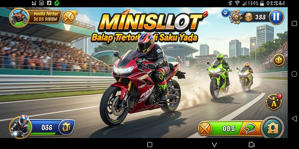 Screenshot gameplay <strong>MINISLOT</strong> yang menampilkan kecepatan dan ketegangan balapan motor.