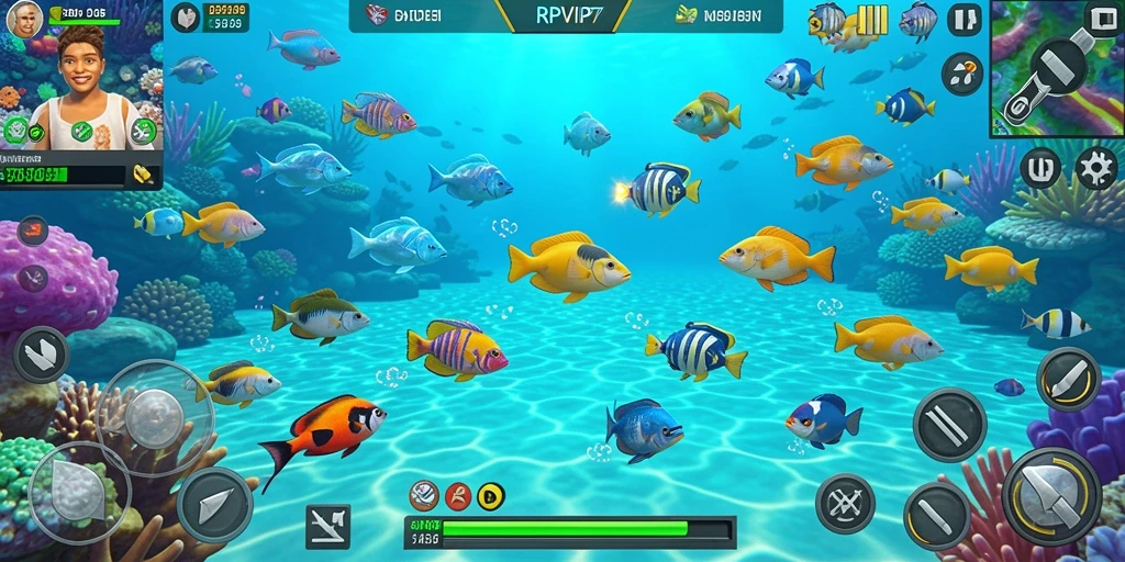 Tampilan gameplay RPVIP7 dengan ikan yang menari di lautan.
